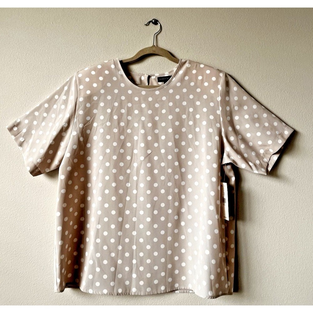 POLKA DOT Karen Scott Blouse Short Sleeve Khaki Sz. XL Top Shirt Classy NWT C19